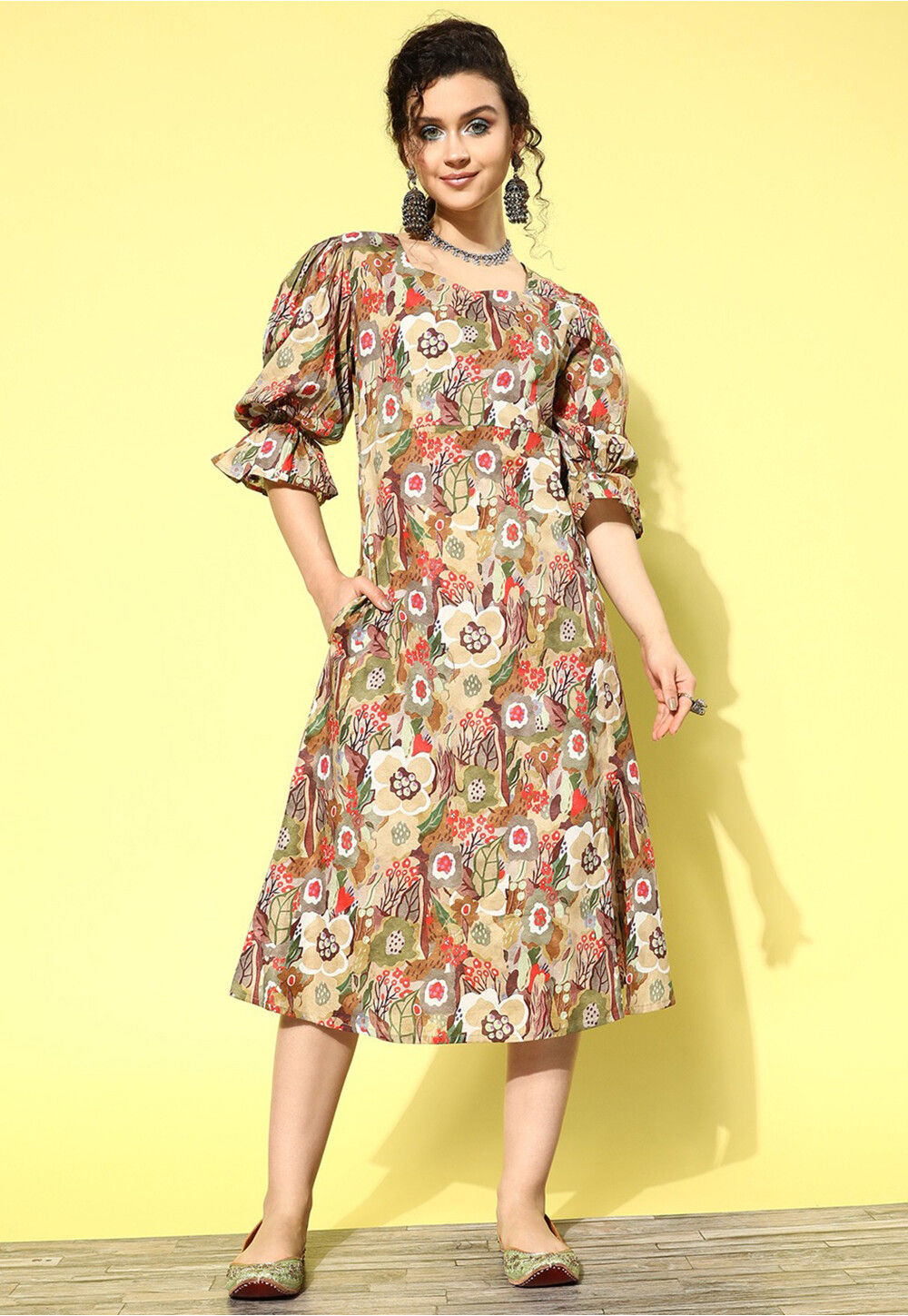 Digital Printed Pure Cotton Midi Dress in Multicolor : TXR677