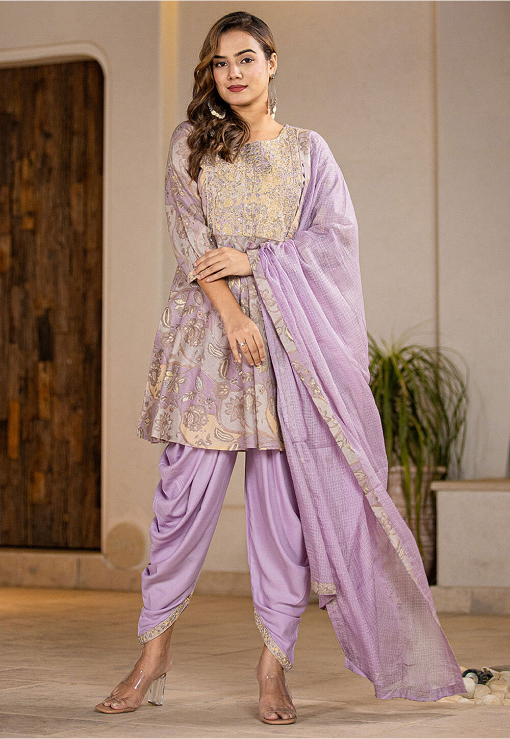 Buy Digital Printed Pure Cotton Punjabi Suit in Light Purple