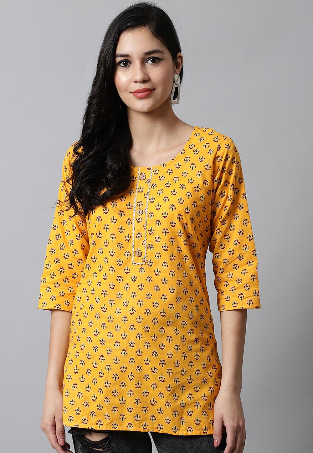 Yellow Color 34 Sleeves Printed Round Neck Short Ladies Kurtis For Casual  Wear Decoration Material Paint at Best Price in Rampur  Bablu Garments