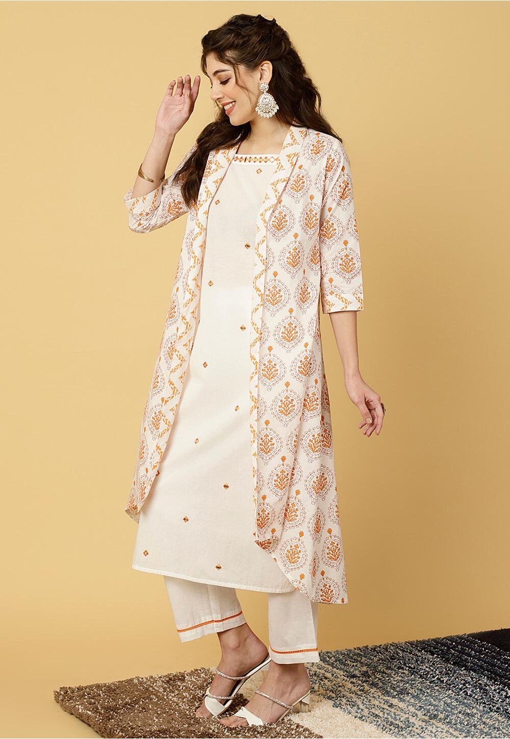 Buy Digital Printed Pure Cotton Straight Kurta Set With Jacket in Off White Online TJA2654 Utsav Fashion