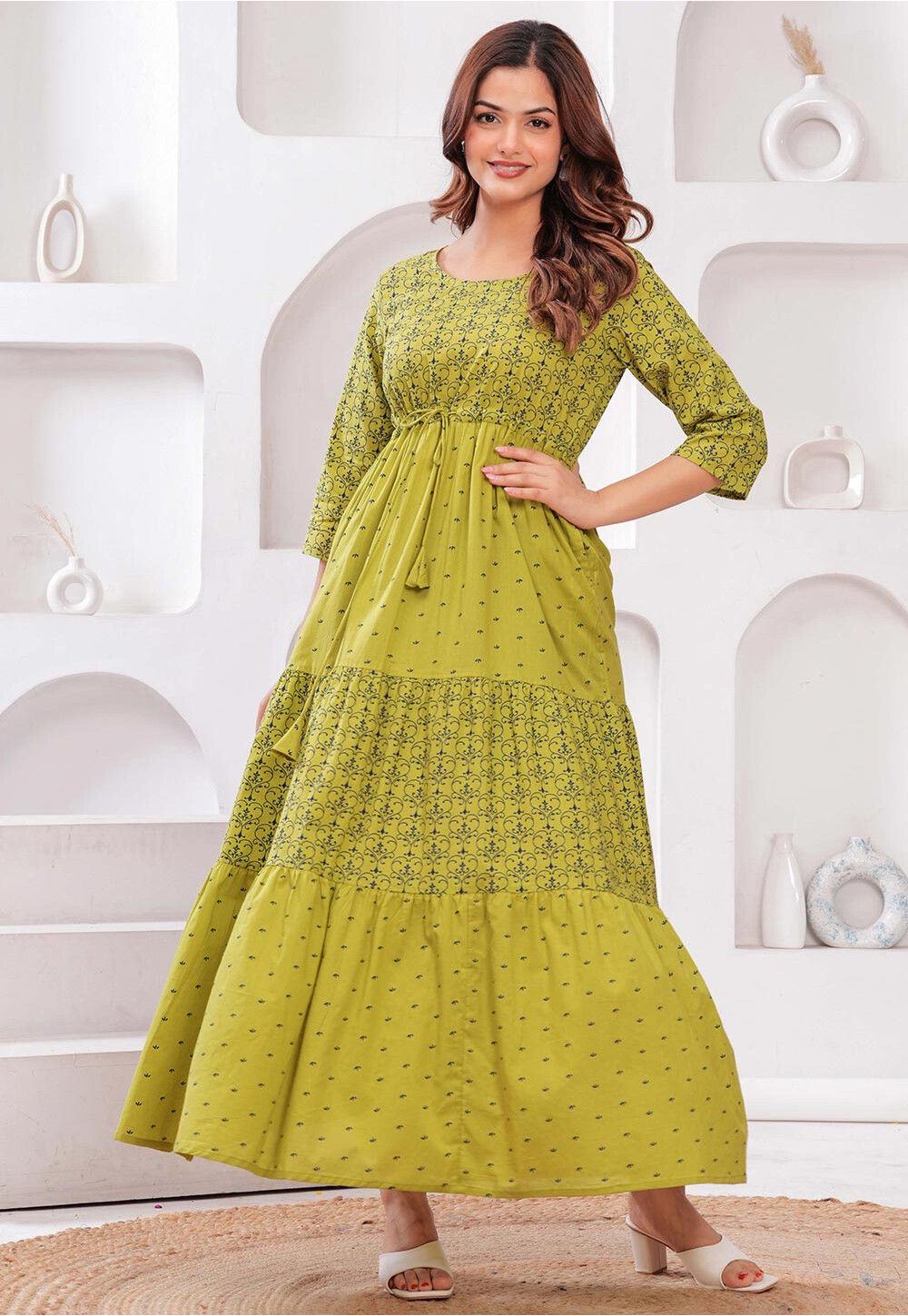 Buy Digital Printed Pure Cotton Tiered Maxi Dress in Light Olive Green Online : TUV1052 - Utsav Fashion Buy Digital Printed Pure Cotton Tiered Maxi Dress in Light Olive Green Online : TUV1052 - Utsav Fashion