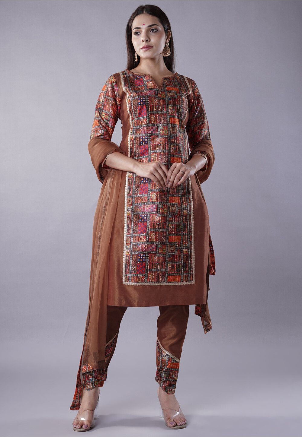 Buy Digital Printed Raw Silk Punjabi Suit in Brown and Multicolor ...