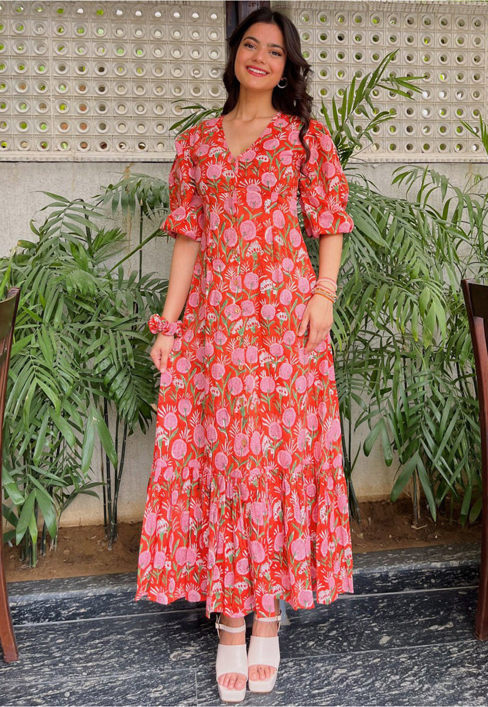 red rayon dress Andaaz Fashion Women's Red Cotton Rayon Gown With Printed Work For Diwali