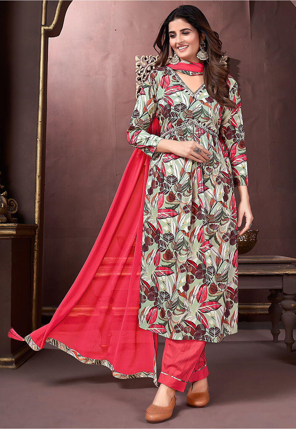 Buy Digital Printed Rayon Punjabi Suit in Pastel Green Online