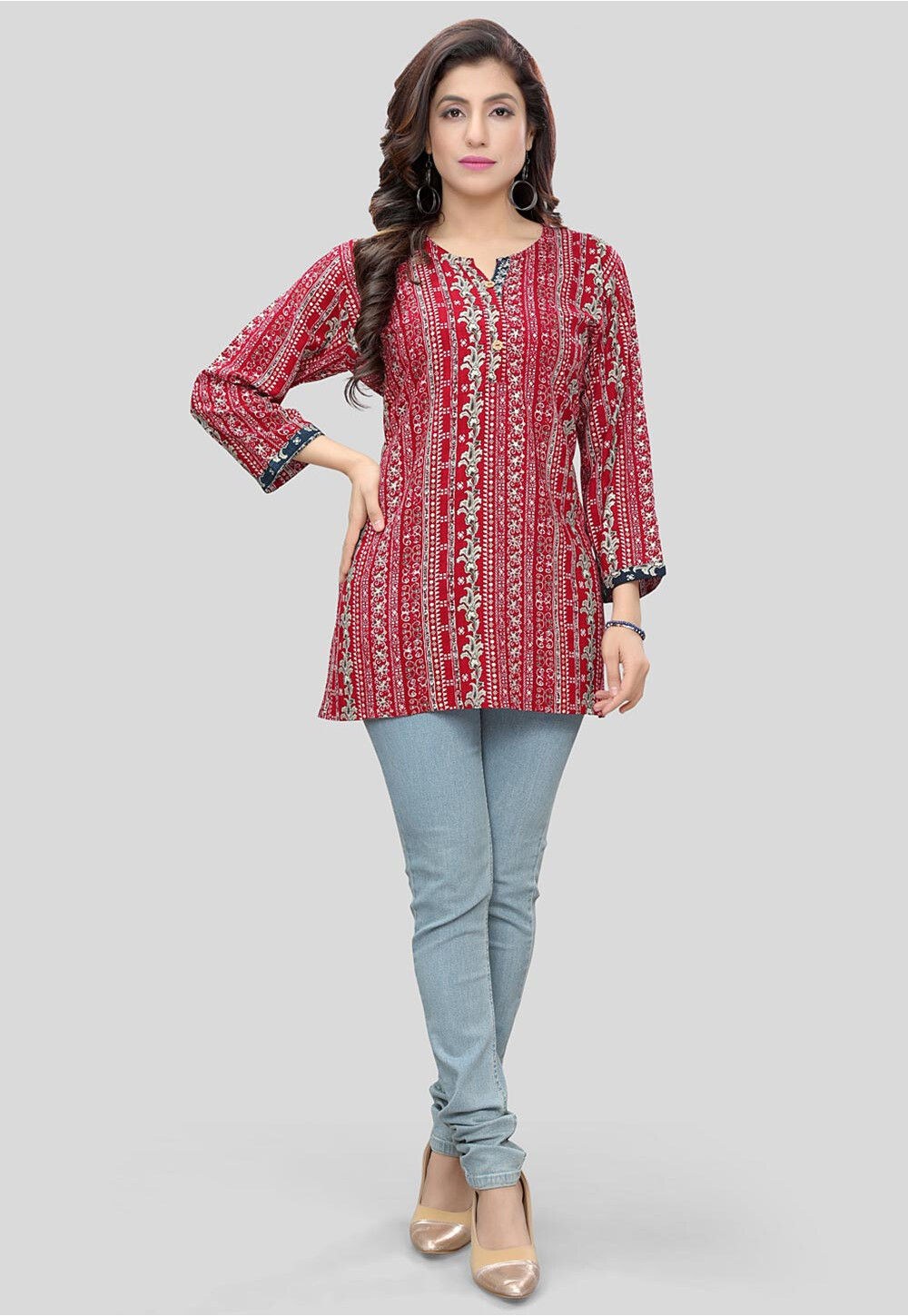 Red Floral Printed Straight Rayon Kurti