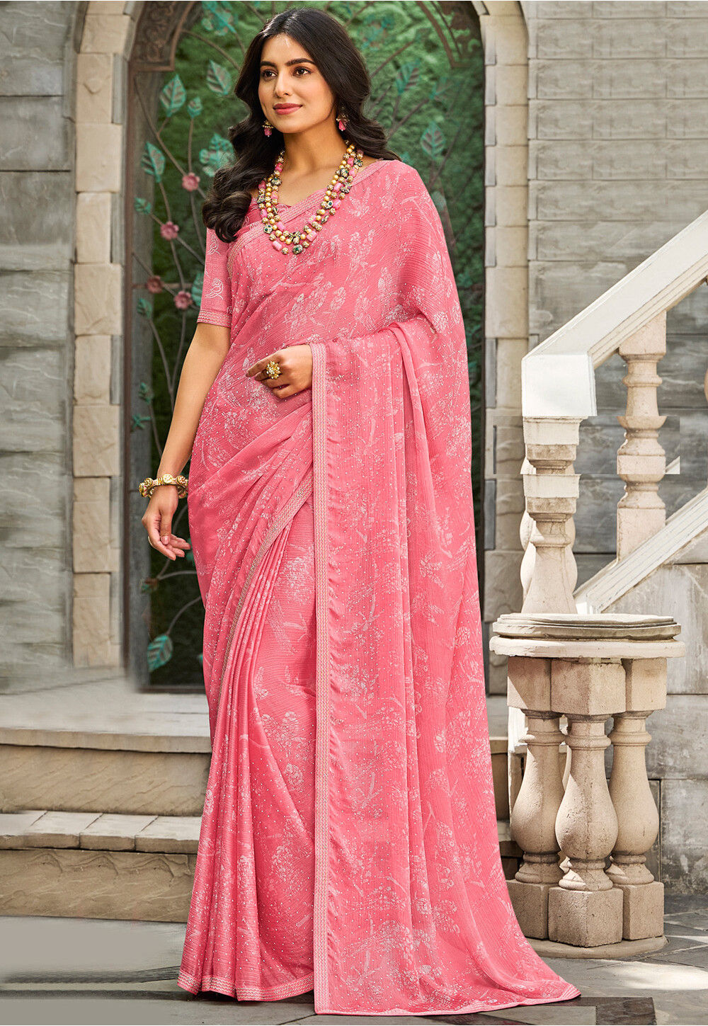 Pink Floral Printed Saree - Buy Pink Floral Printed Saree online in India