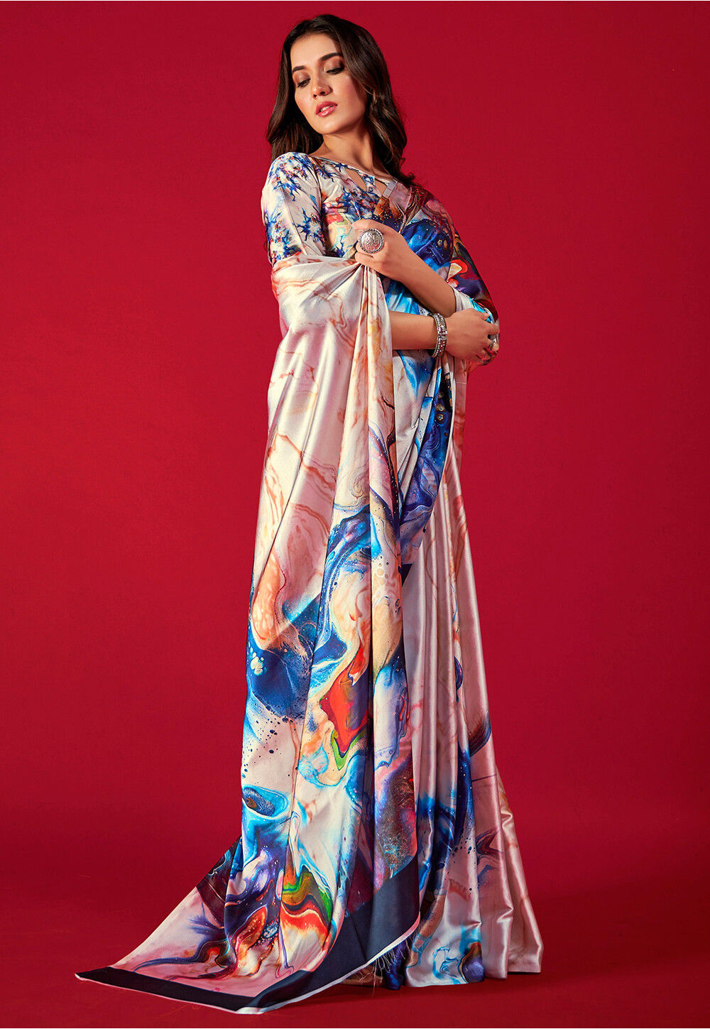 Multicolor Silk Crepe  Saree With Digital Printed Work