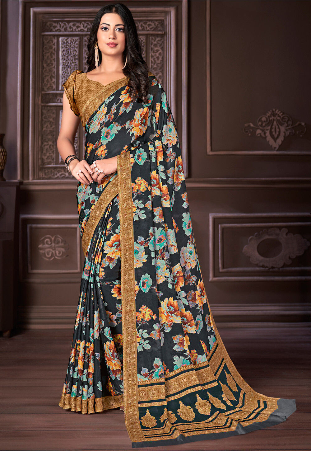 Beige Pure Japan Satin Digital Printed Saree