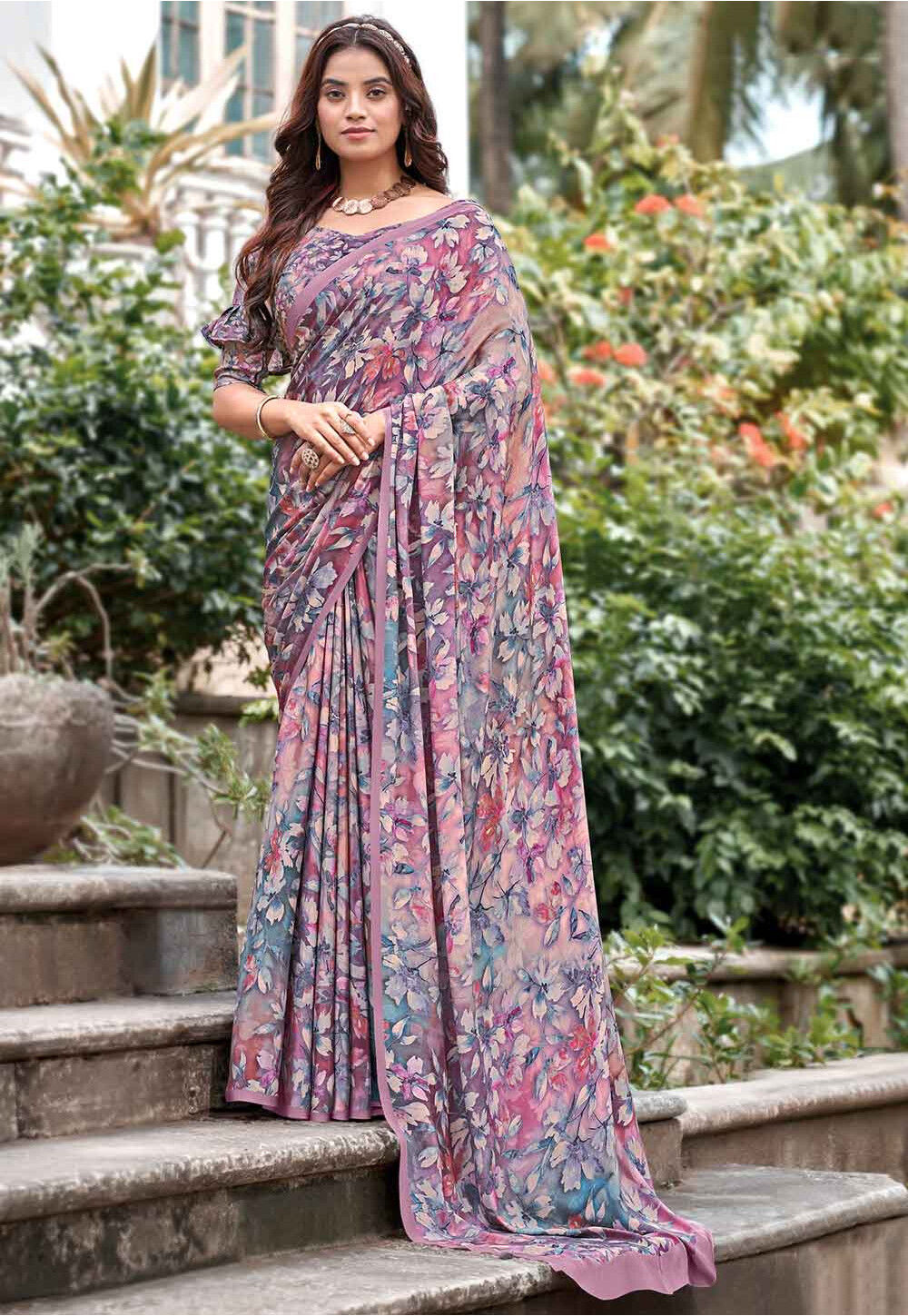 Light Pink Floral Printed Georgette Saree – Stylemantra