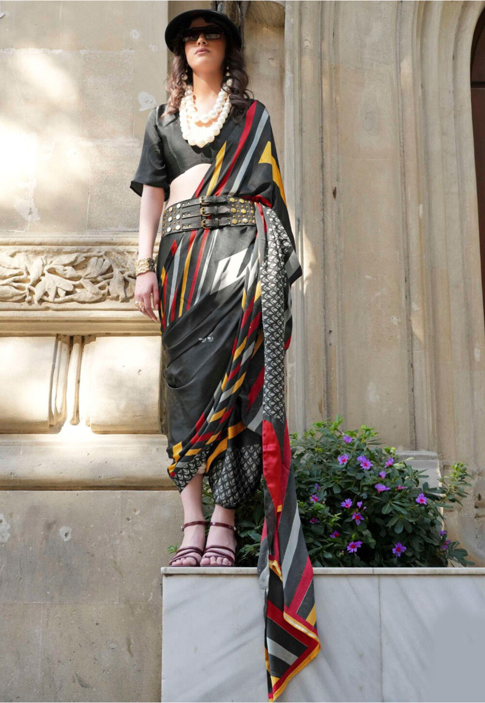 Black Printed Satin Saree