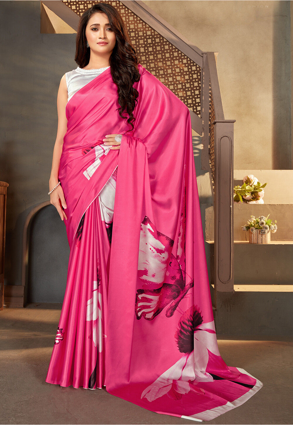 Buy Digital Printed Satin Saree in Pink Online SPFA12502 Utsav Fashion