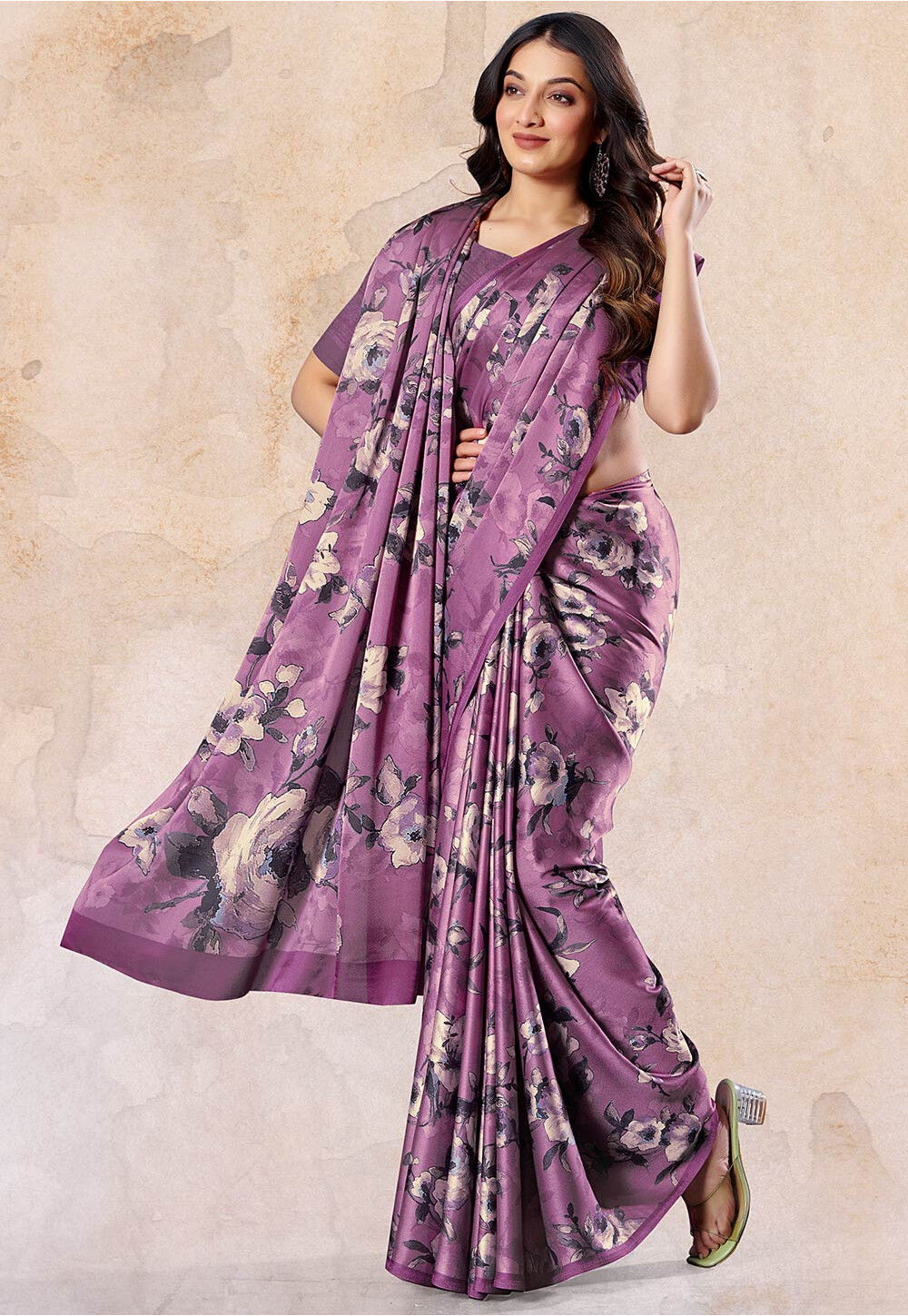 Lilac Digital Printed Satin Silk Saree main image 0
