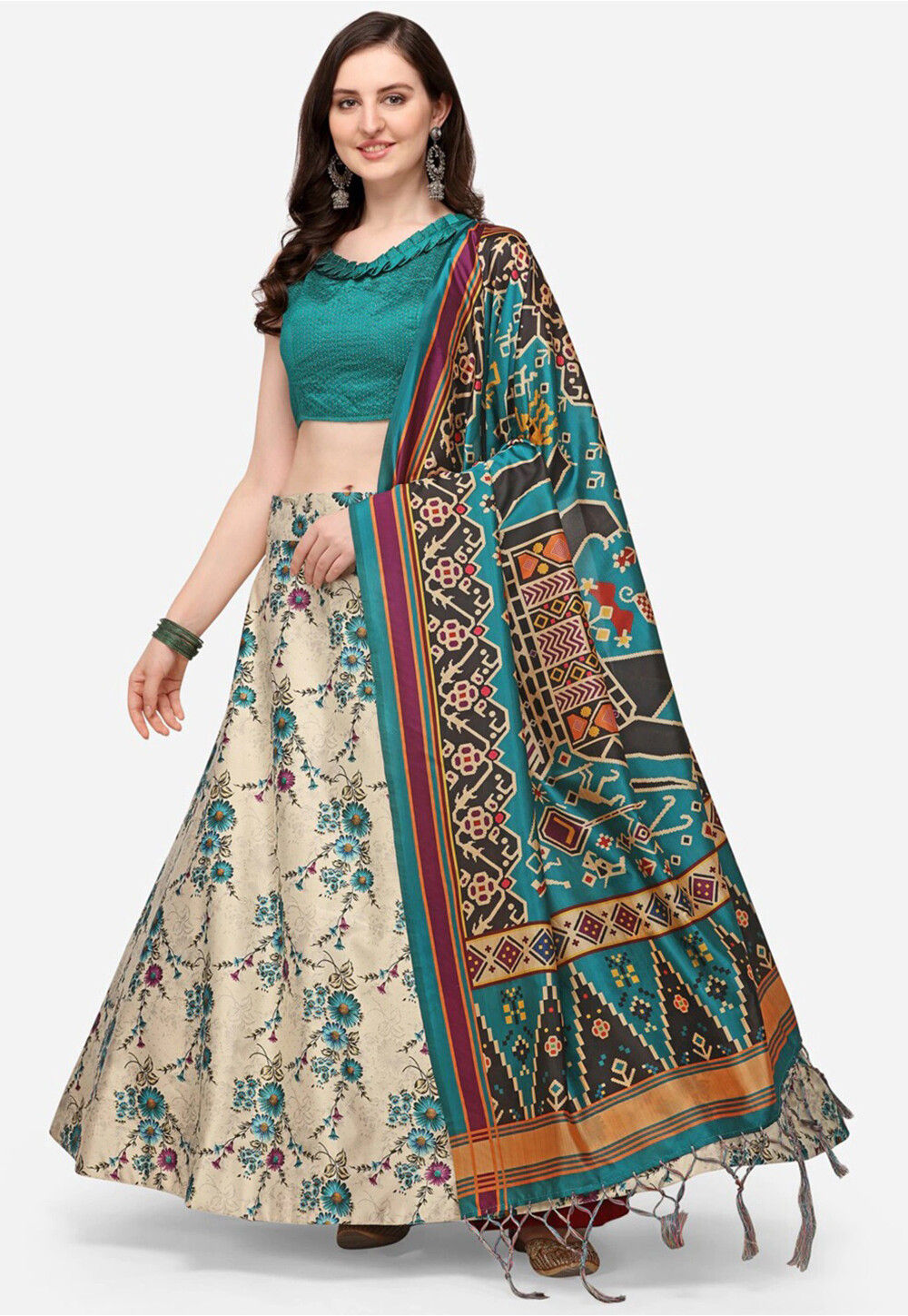 Light Beige Gicha Silk Printed Lehenga Set