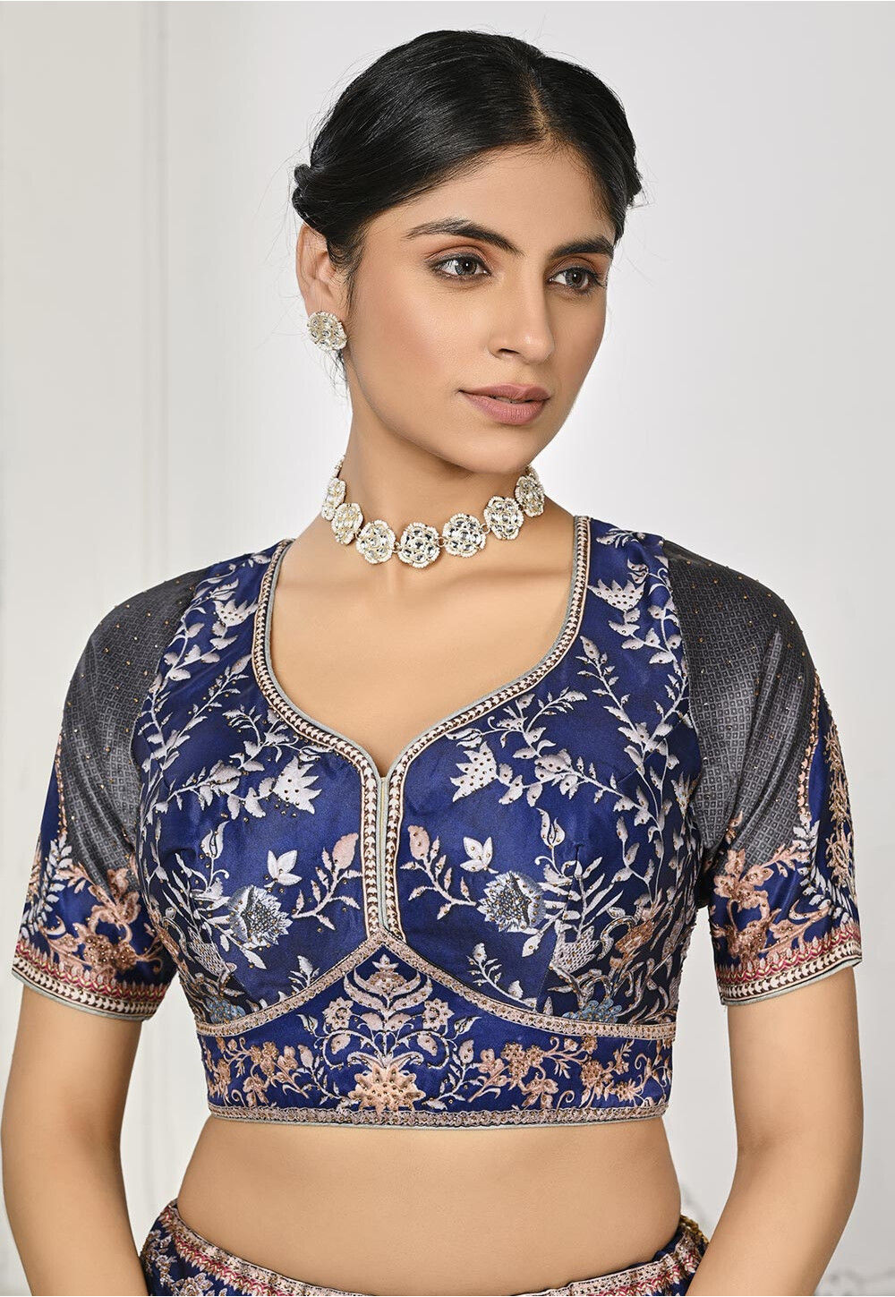 Digital Printed Satin Silk Lehenga in Grey and Blue LVT173