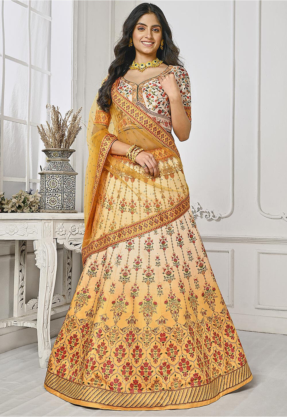 Buy Off White Hand Block Printed Chanderi Mirror Work Blouse with Yellow  Lehenga and Embroidered Dupatta - Set of 3 | LG201/MPRT8 | The loom