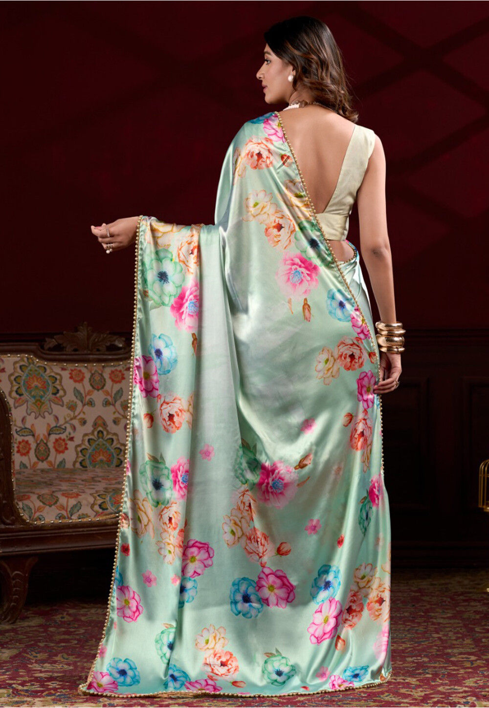 Deep Green Digital Print Satin Silk Designer Saree