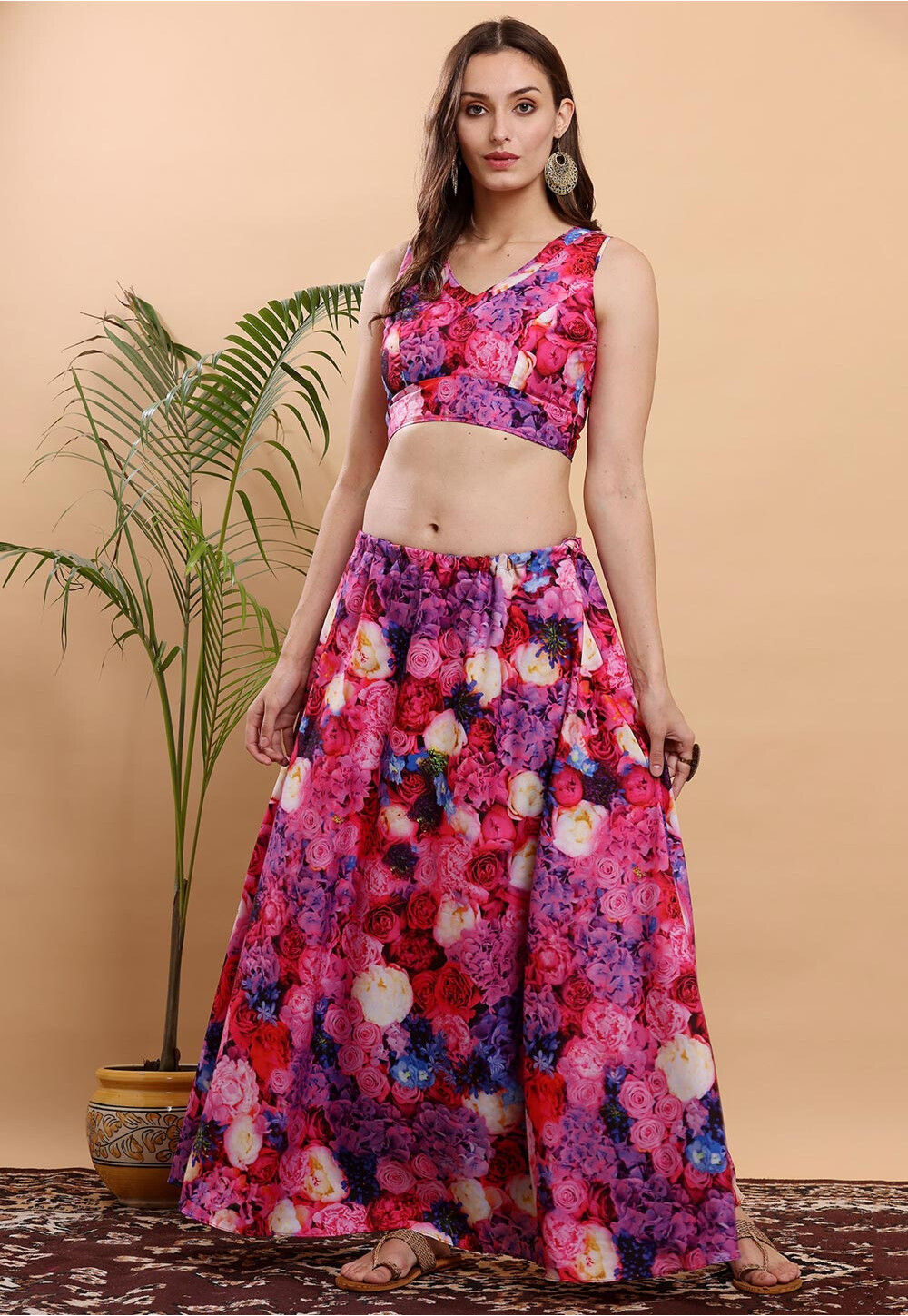 Digital Printed Silk Top Skirt Set in Fuchsia and Multicolor  TZQ722