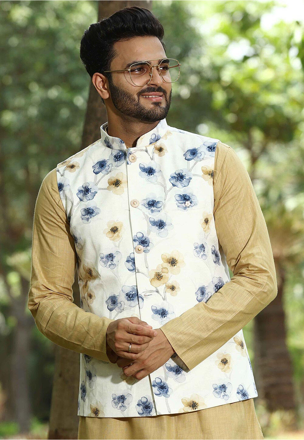 Digital Printed Suede Nehru Jacket in Off White MSY82