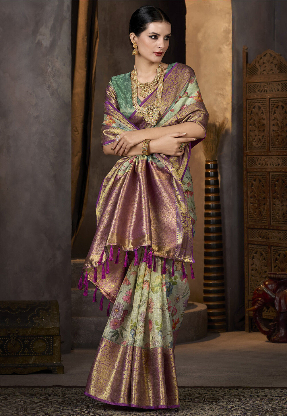 Women Green Tissue Silk Digital Printed Saree With Unstitched Blouse