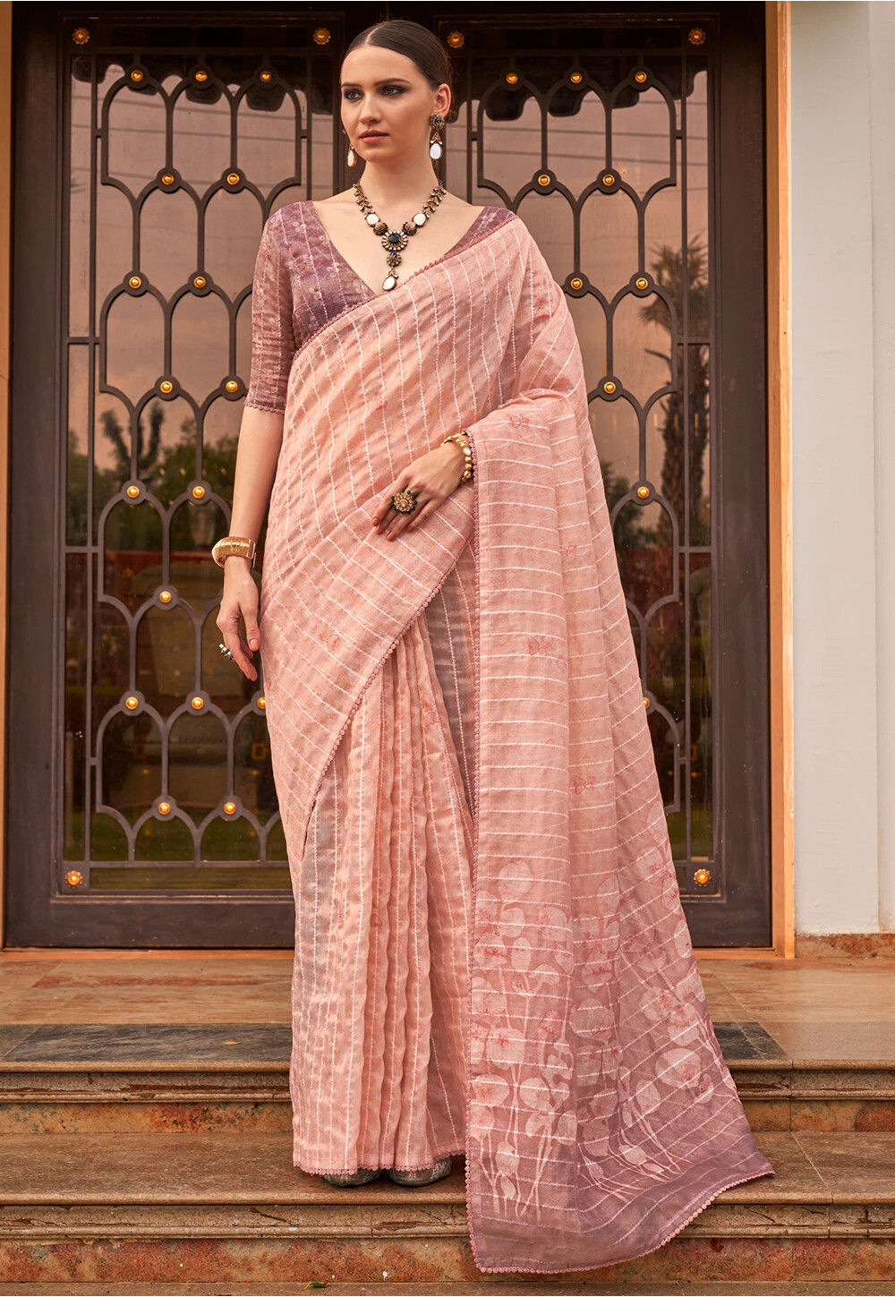 Women Peach Cotton Tissue Digital Printed Saree With Unstitched Blouse