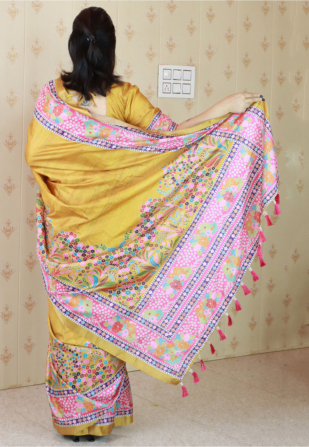 Women's Tussar Silk Mustard Printed Designer Saree With Blouse Piece