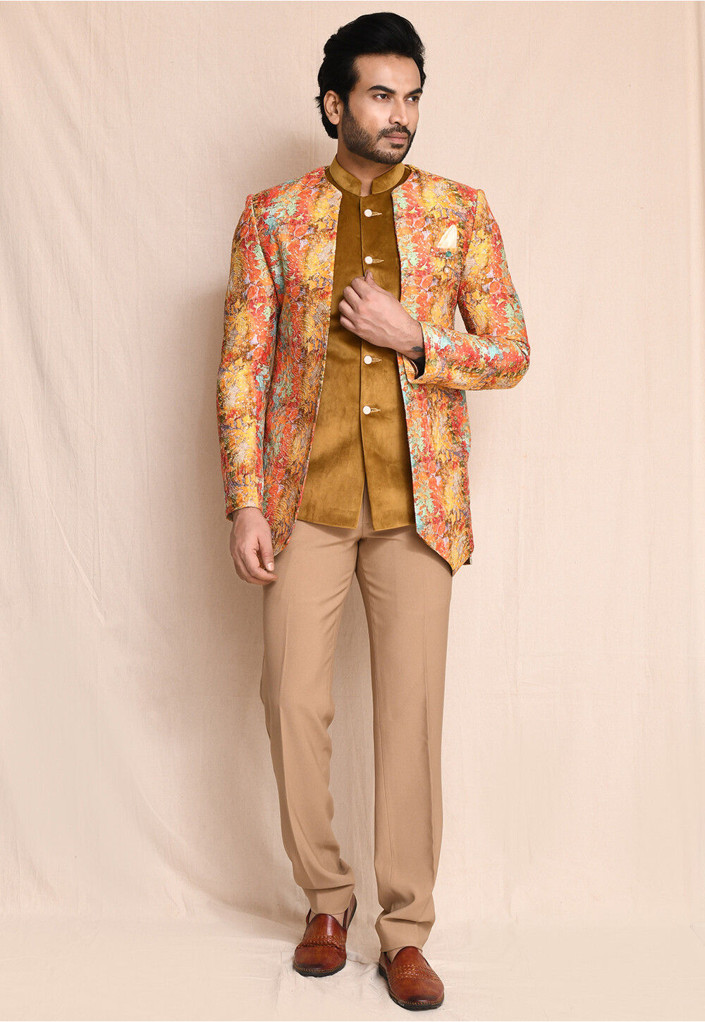 Buy Digital Printed Velvet Bandhgala in Mustard Online MTX3554