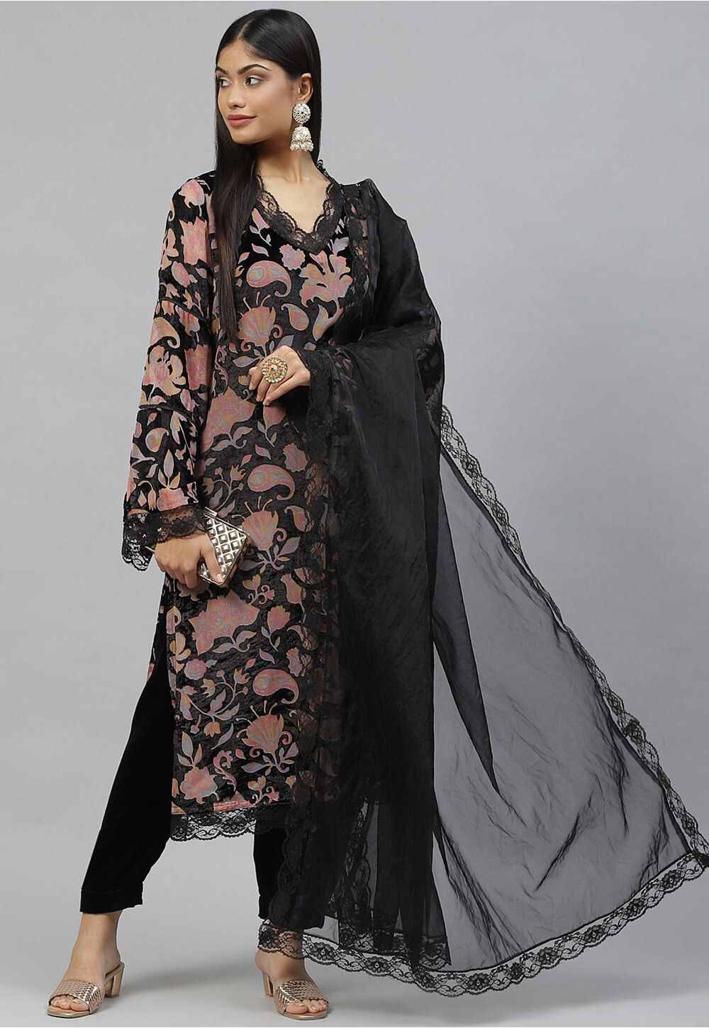 Buy Digital Printed Velvet Brasso Punjabi Suit in Black Online KJX86 Utsav Fashion