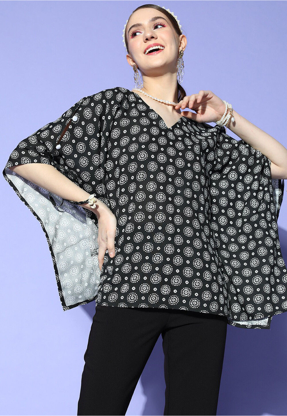 Digital Printed Viscose Rayon Kaftan Style Top in Black : TXR711