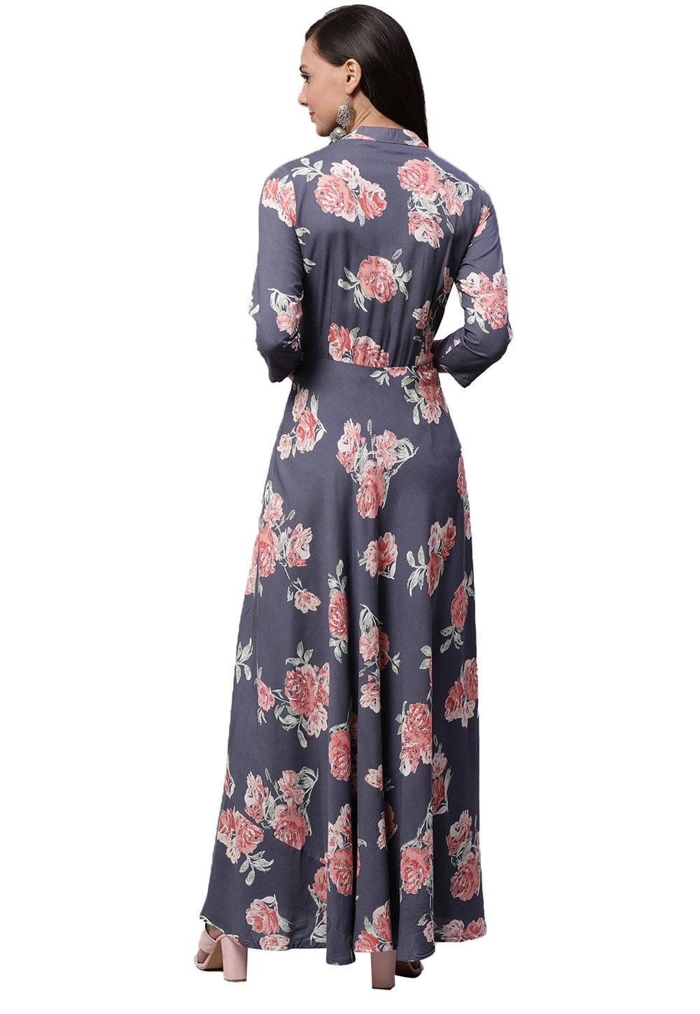 Digital Printed Viscose Rayon Maxi Dress in Grey : TKV92