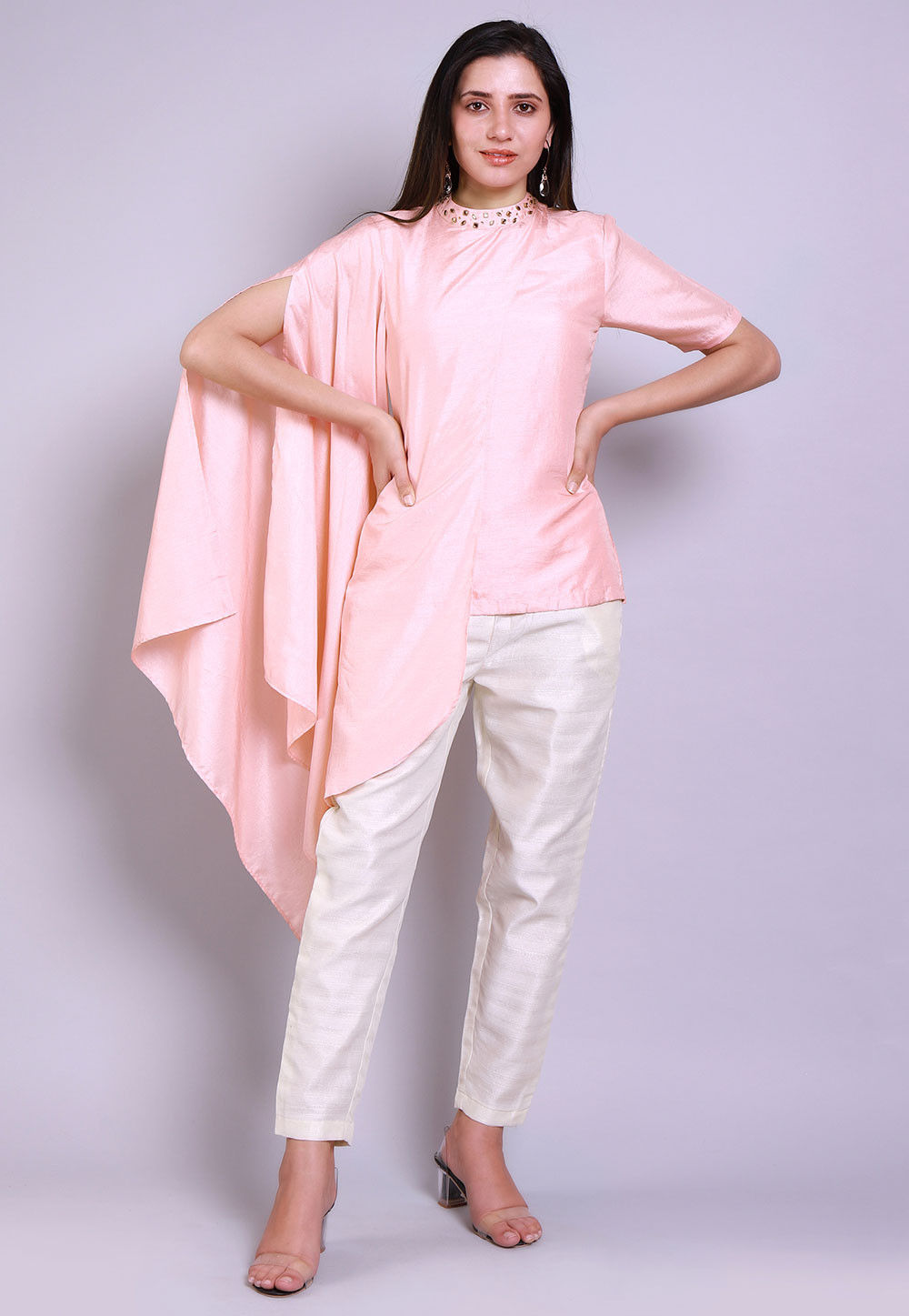 Embellished Art Silk Asymmetric Top in Baby Pink : TJW1864