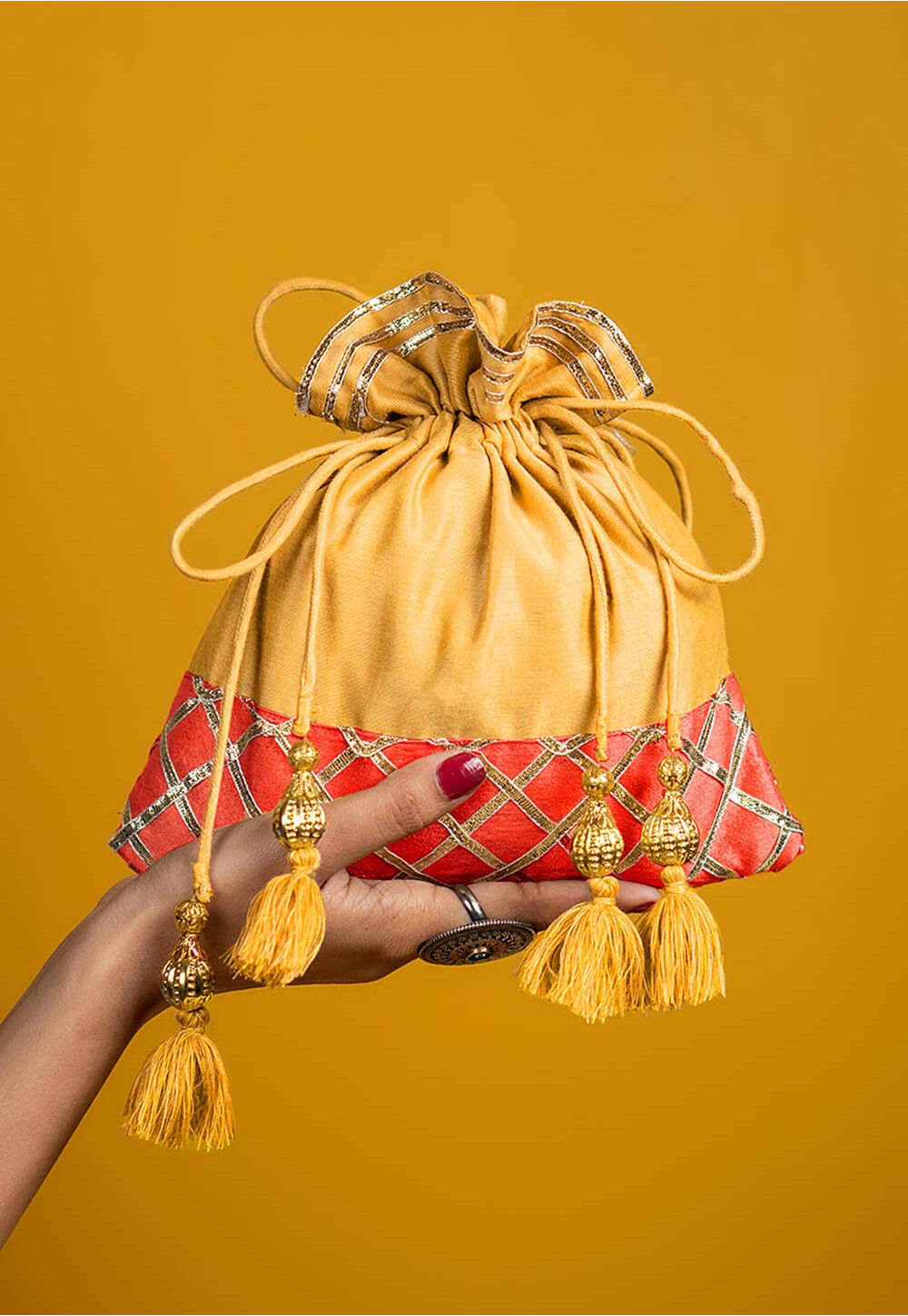 Pink & Orange Embellished Tassel Potli Clutch – Ethnic Faux Silk Bag with Wrist Loop main image 1