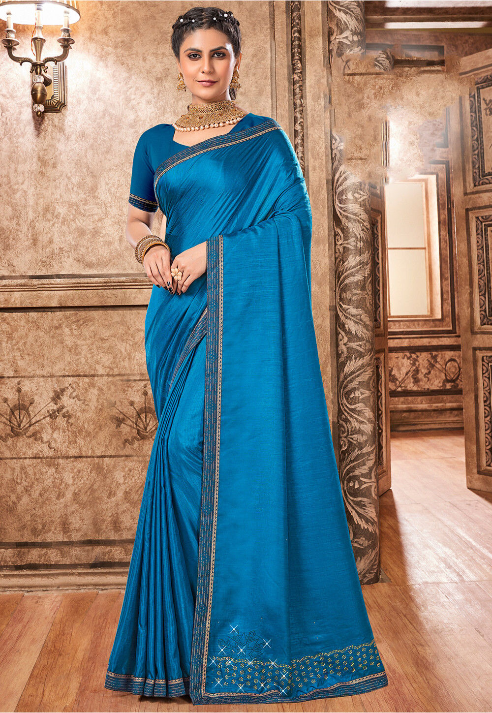 Shop Blue Cotton Silk Saree Online in USA with Weave Pallu – Pure Elegance