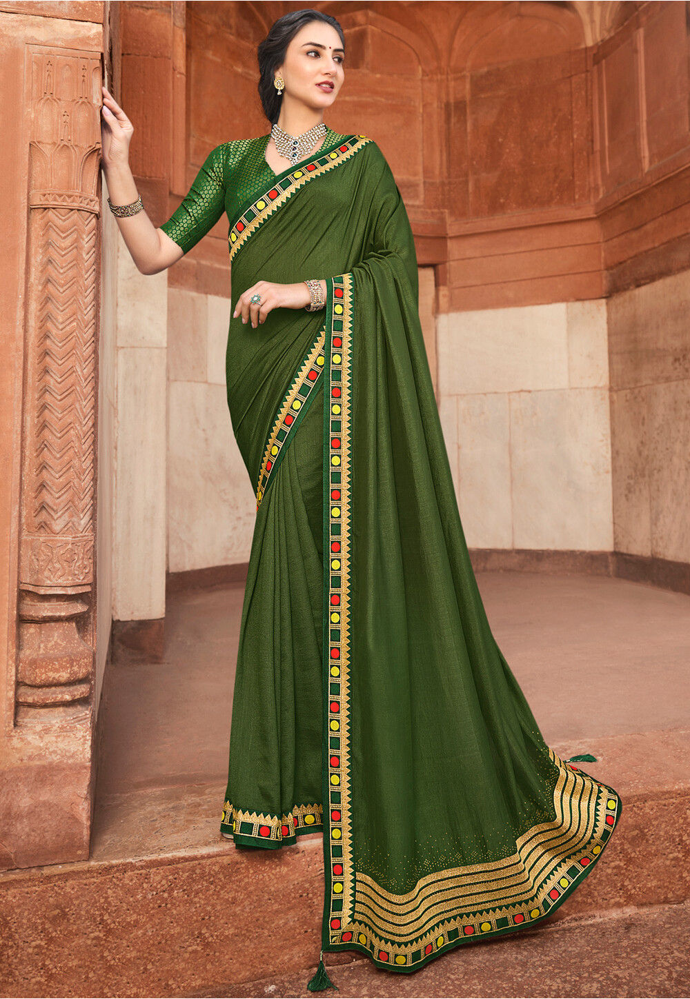Green Banarasi Silk Mehndi Designer Traditional Saree buy online -
