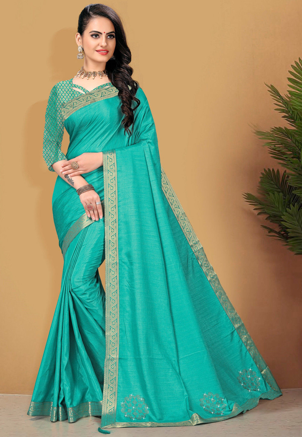 Embellished Art Silk Saree in Turquoise : SXTA3134