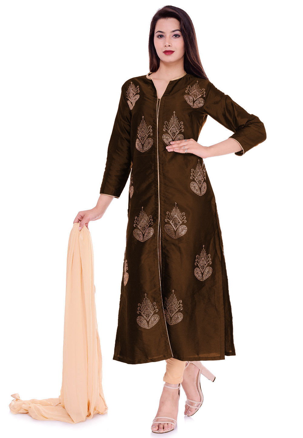 Cotton Solid Embroidered Straight Kurta with Pockets - Brown – VEDANA