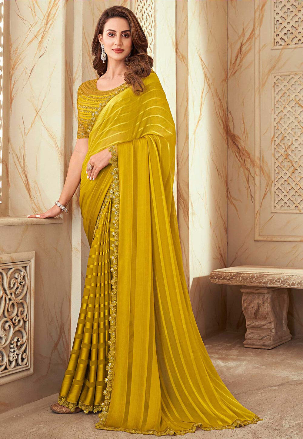 Buy Yellow Sarees for Women by Peachmode Online | Ajio.com