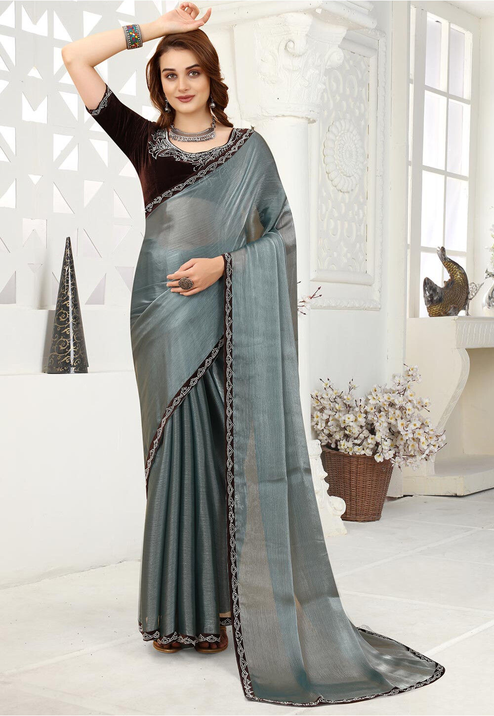 Buy Grey Chiffon Embroidered Folklore Line V Neck Saree With