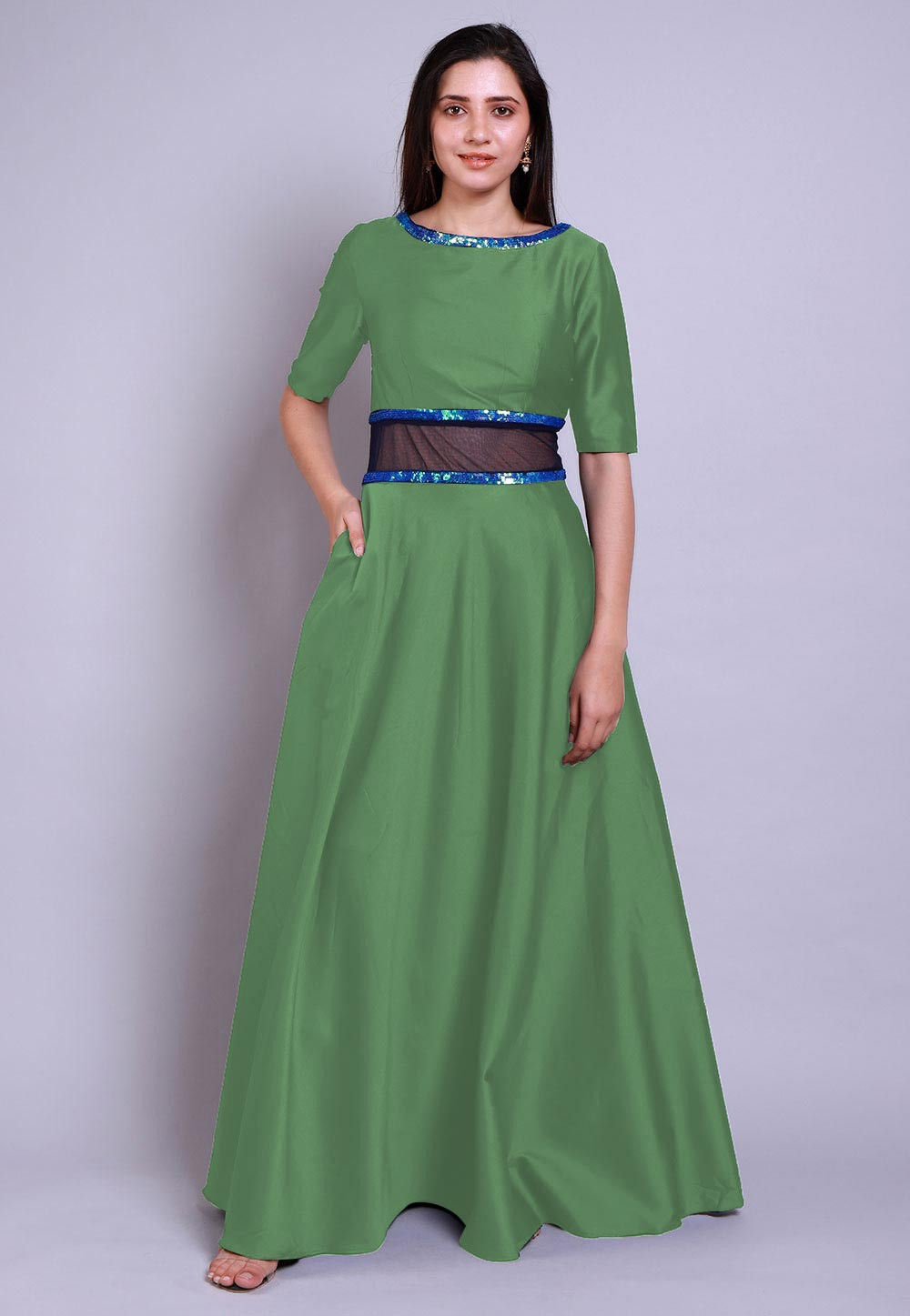 Embellished Caroon Satin Gown in Green : TUC1743