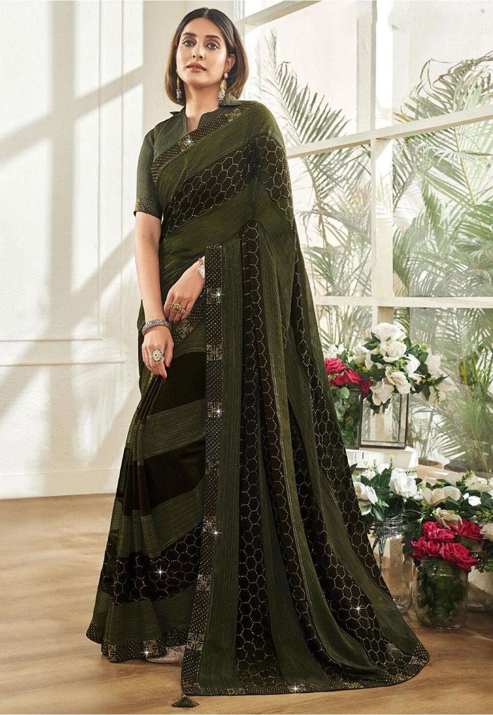 Dark Olive Green Lycra Ruffle Saree | Party wear sarees, Saree designs,  Fancy sarees