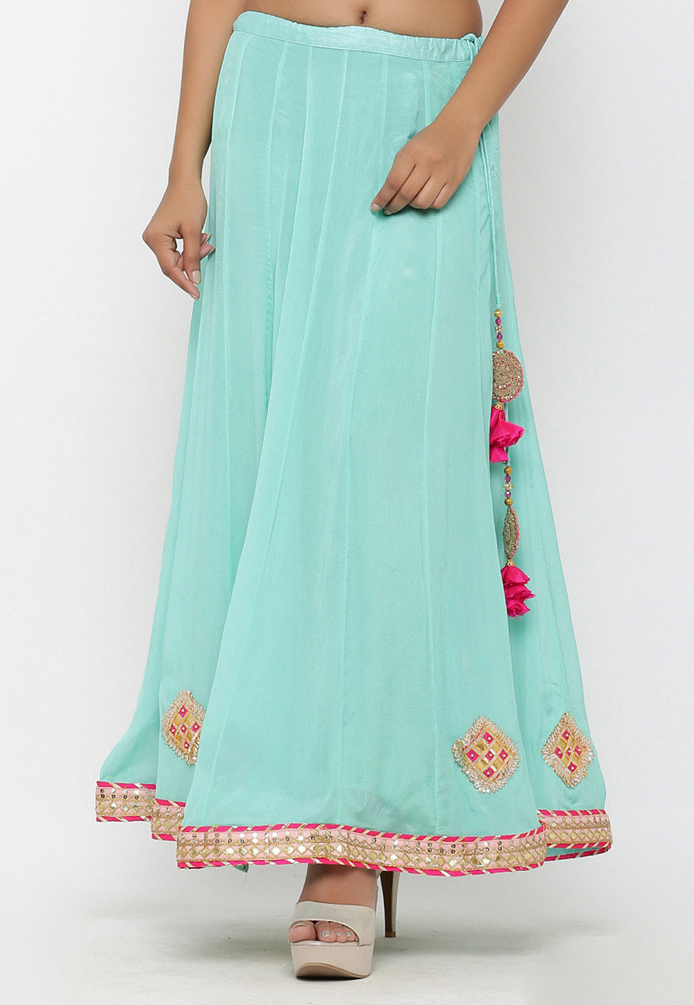 Embellished Chinon Crepe Long Skirt in Sea Green BNJ650