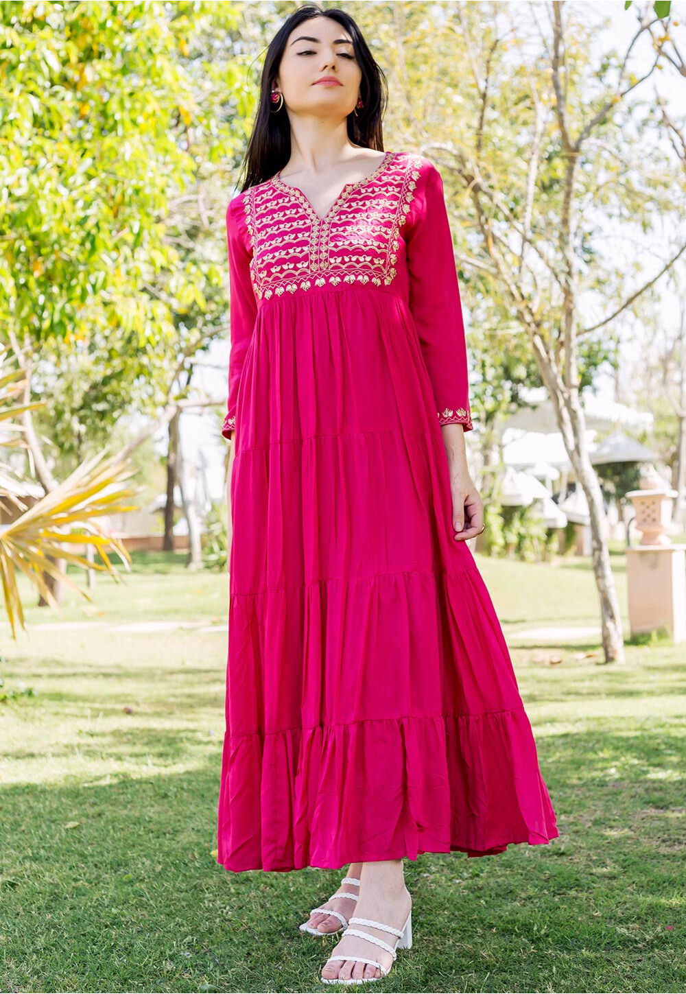 Embellished Cotton Tiered Dress in Fuchsia : TQM642
