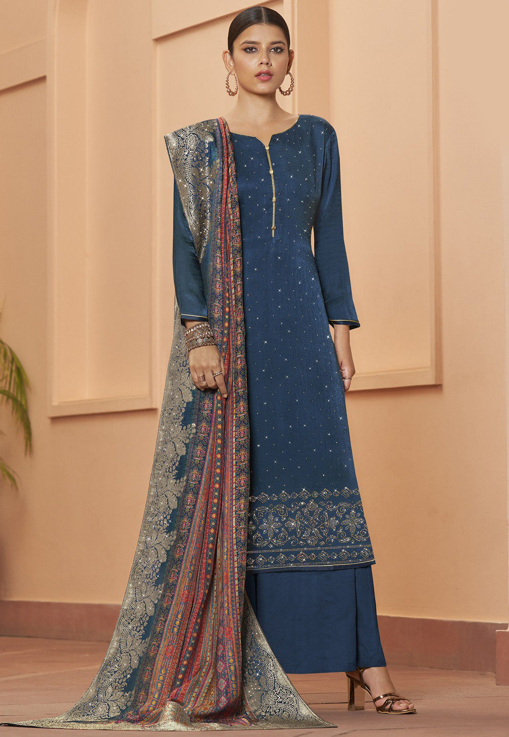 Embellished Crepe Pakistani Suit in Teal Blue : KCH6617