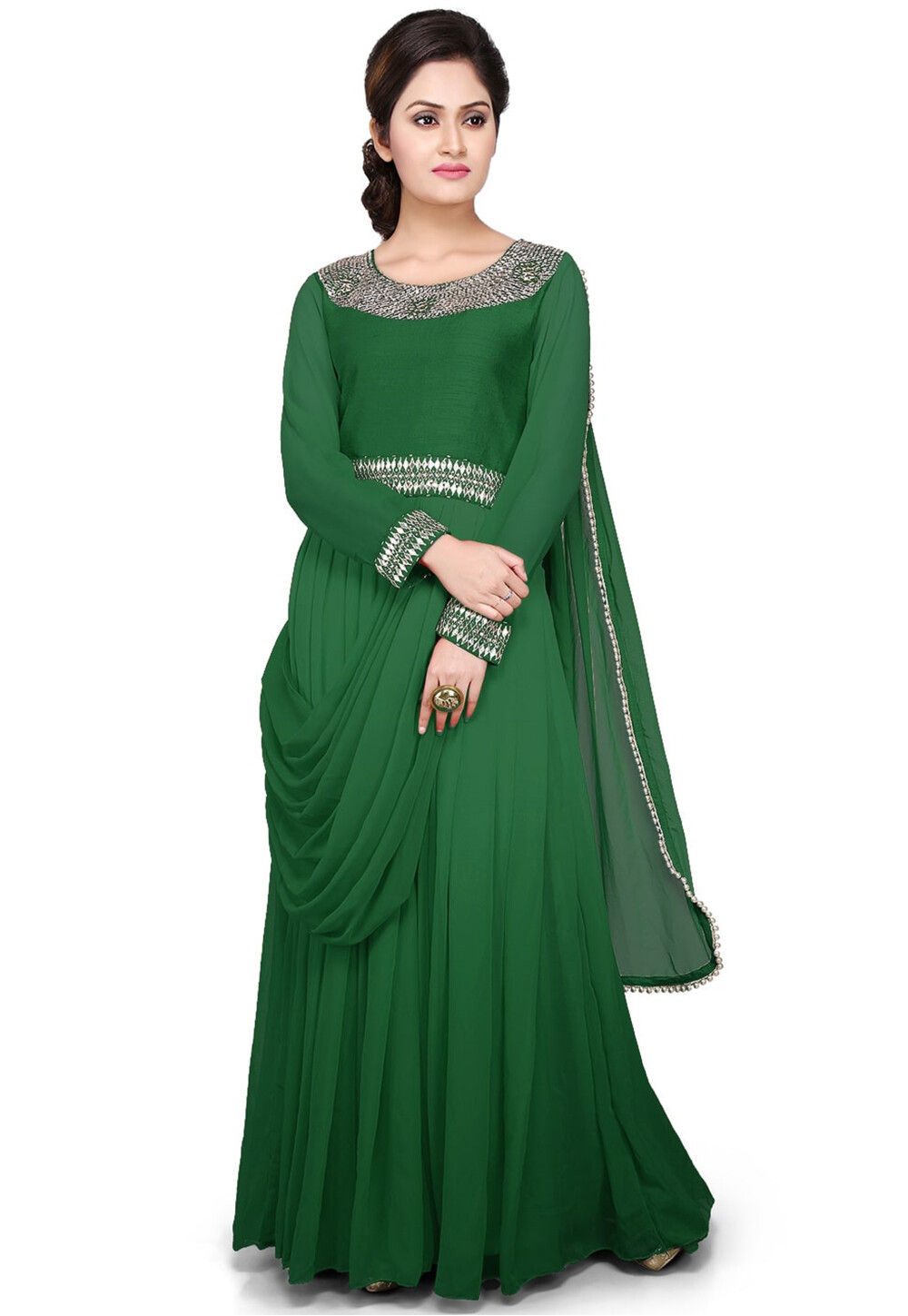 Embellished Georgette Long Gown in Dark Green : TJW2228