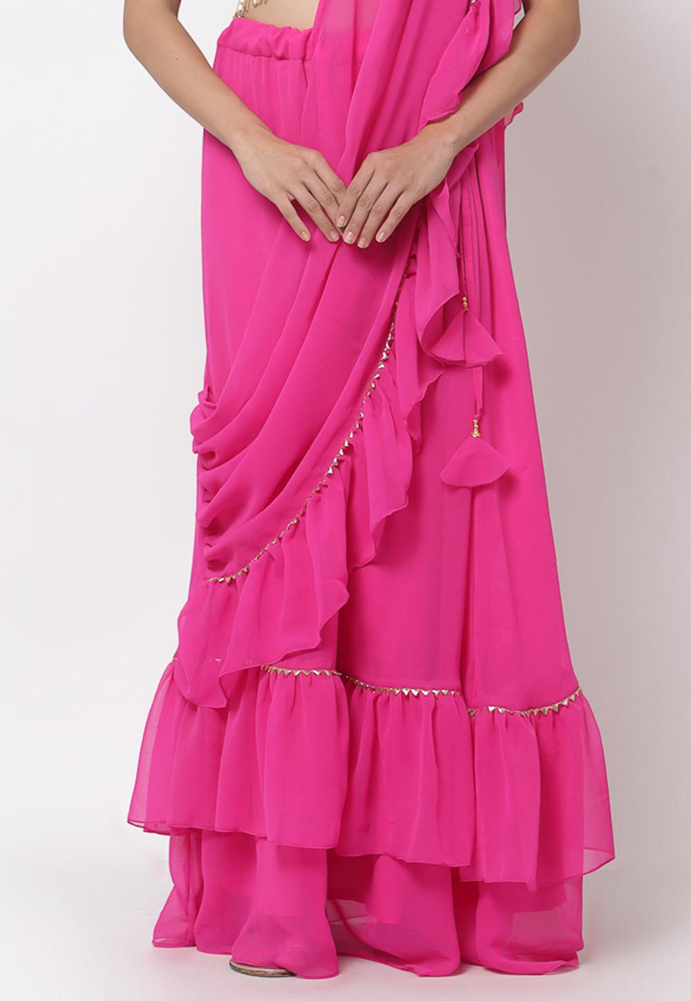 Embellished Georgette Ruffled Skirt with Attached Dupatta in Fuchsia ...