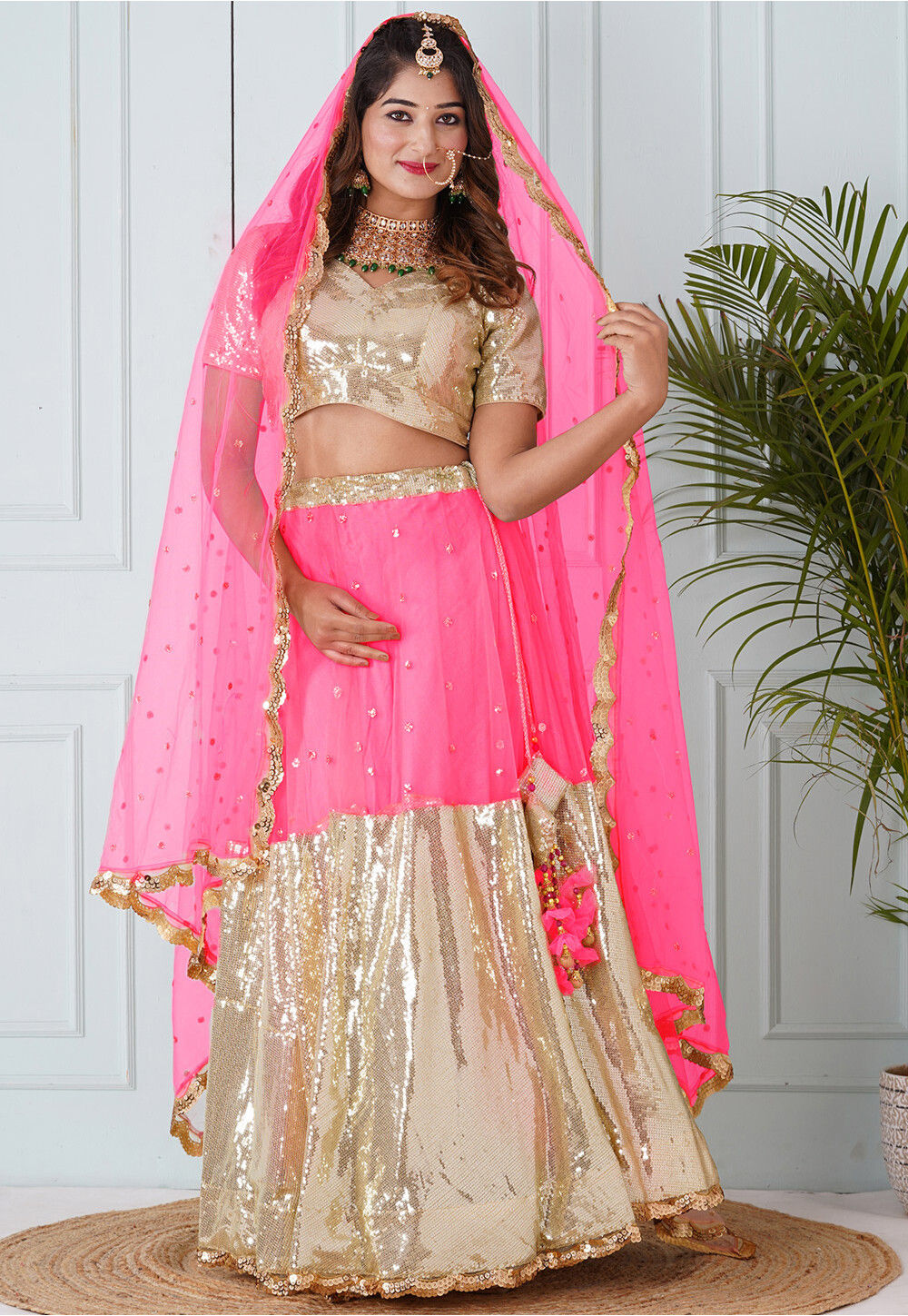 Baby Pink Embellished Net Dupatta with Sequinned main image 1