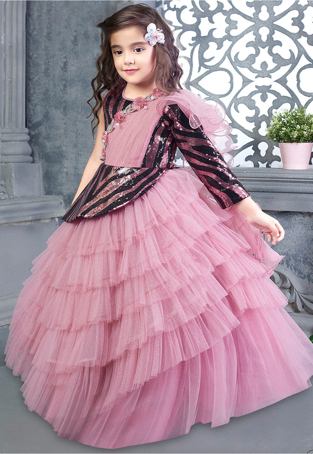 Girl's Stylish Layered Gown-Dusty Pink - Lil Peacock – Trendia
