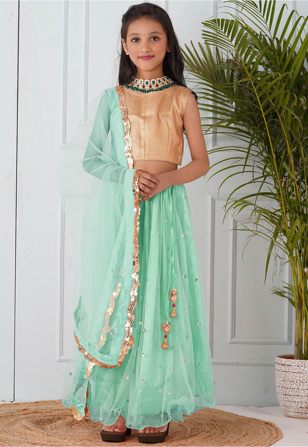Buy Embellished Net Lehenga in Pastel Green Online UNJ1799 Utsav
