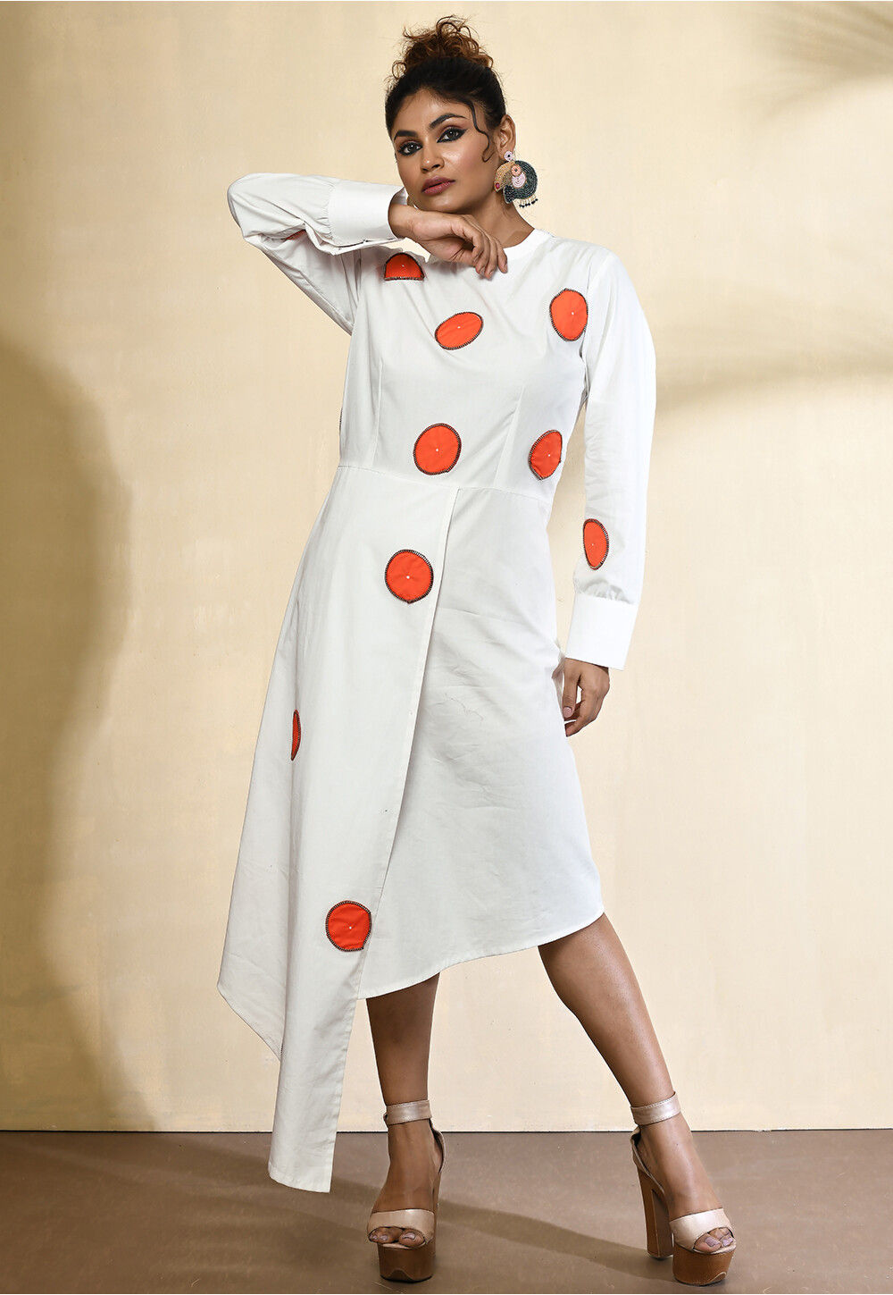 Embellished Pure Cotton Asymmetric Dress in White and Black