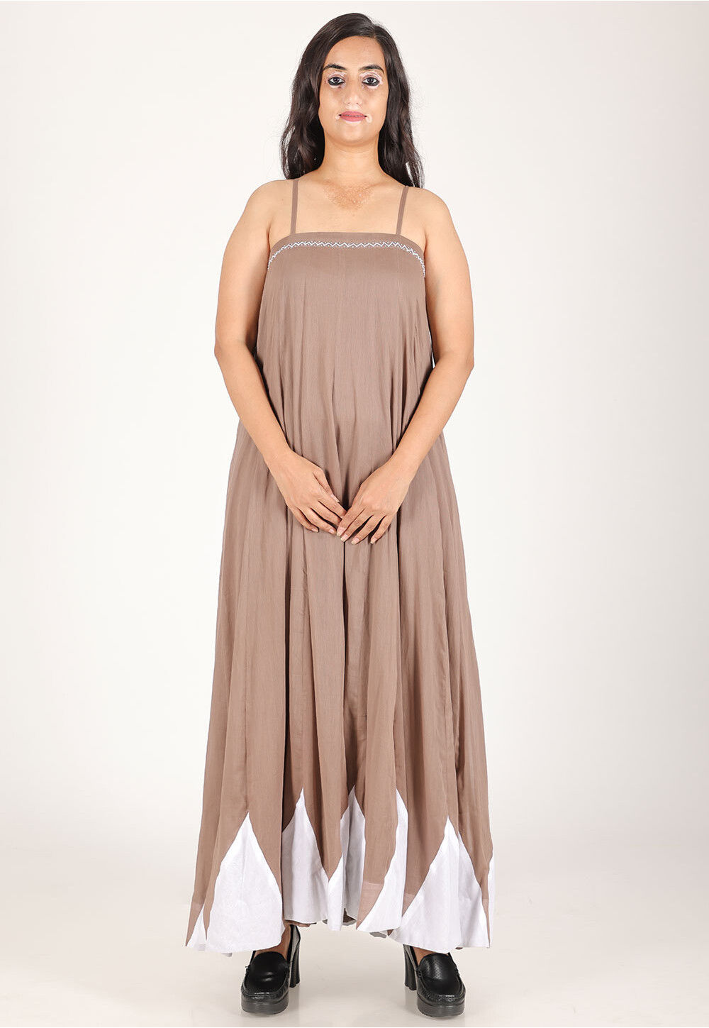 Embellished Pure Cotton Maxi Dress in Light Brown