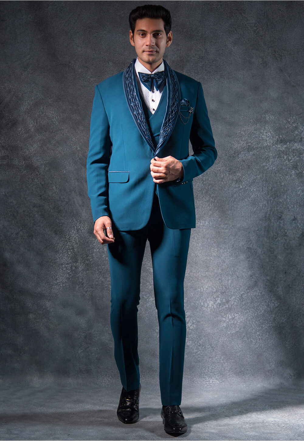 Buy Embellished Pure Terry Rayon Tuxedo Set in Teal Blue Online MXD75 Utsav Fashion